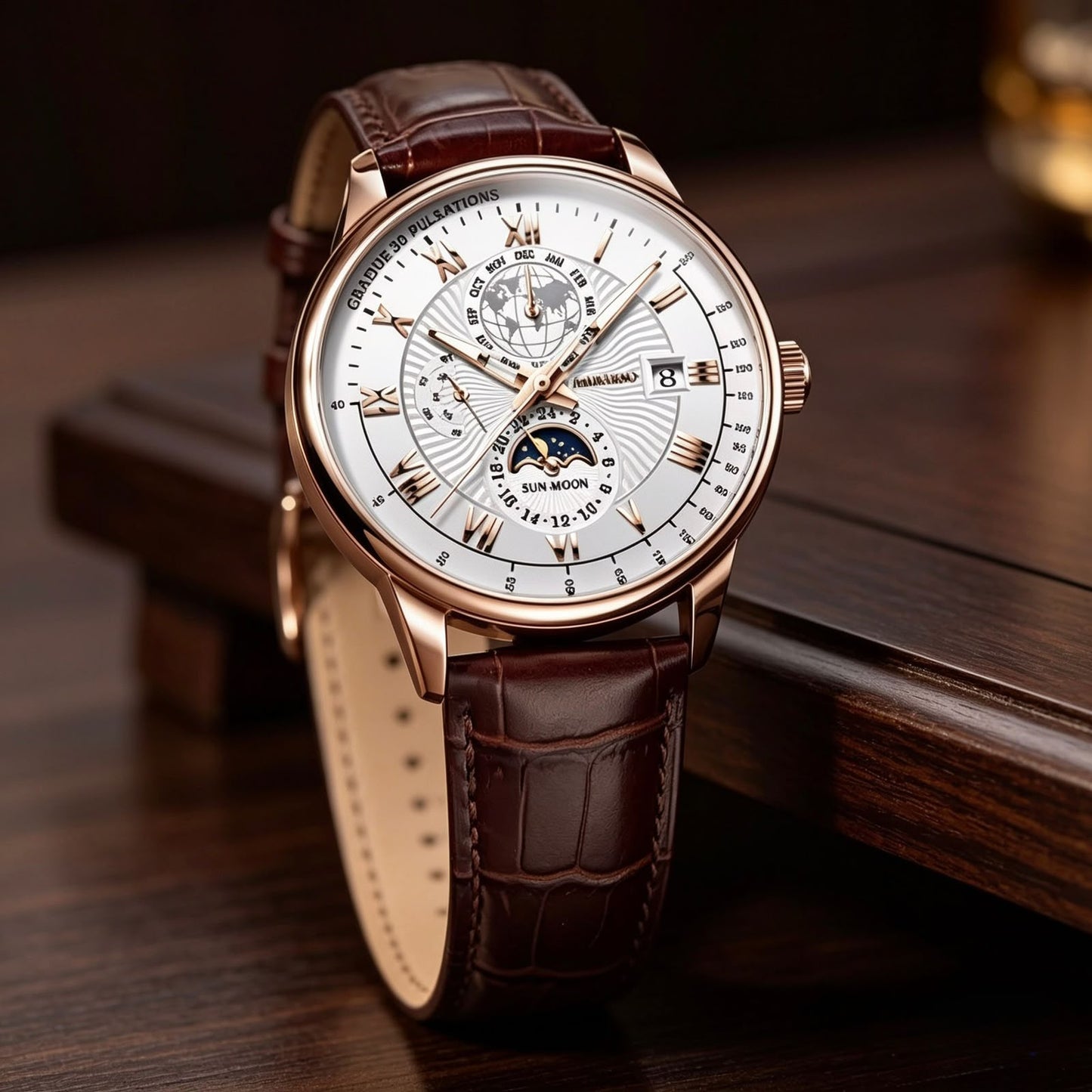 Luxury Men's Rose Gold Leather Strap Watch – Classic Analog Wristwatch with Date Display