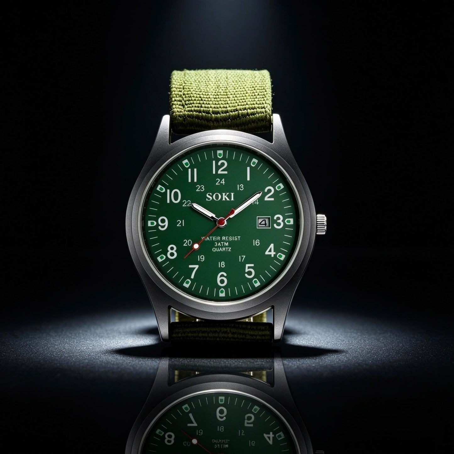 SOKI Military Field Watch – Green Canvas Strap | Quartz Movement | Water Resistant