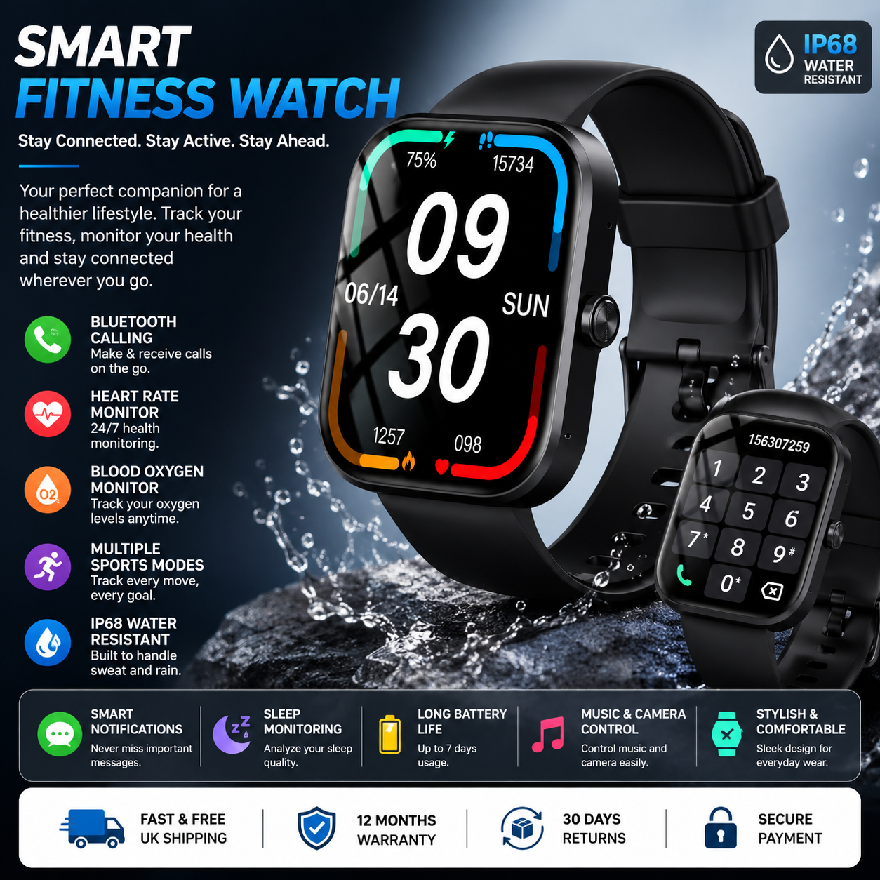 Smart Fitness Watch with Bluetooth Calling