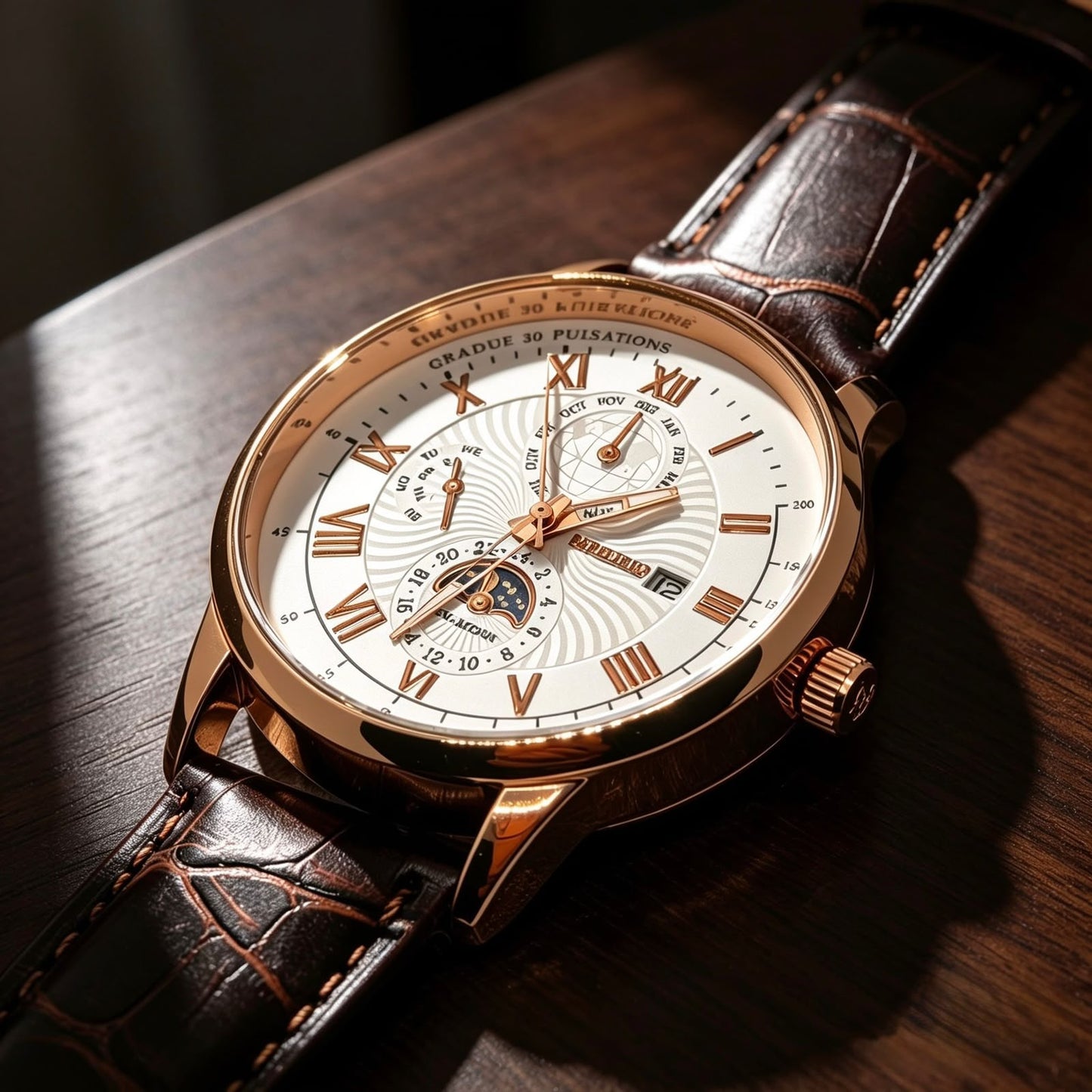 Luxury Men's Rose Gold Leather Strap Watch – Classic Analog Wristwatch with Date Display