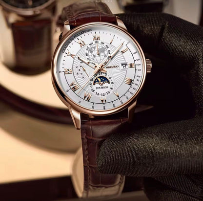 Luxury Men's Rose Gold Leather Strap Watch – Classic Analog Wristwatch with Date Display