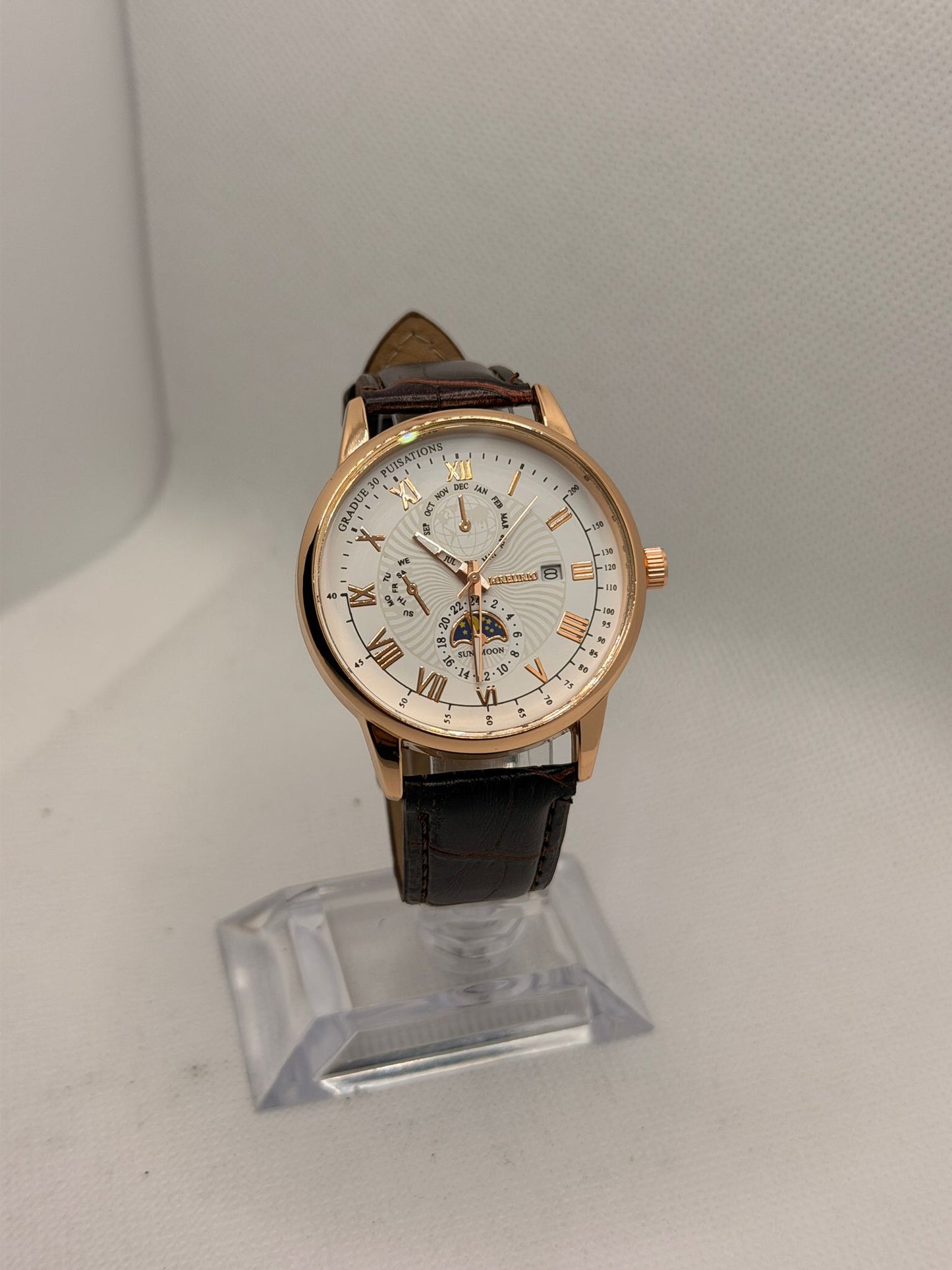Moonphase Watch | Rose Gold Case | Brown Leather Strap | Luxury Men's Dress Watch