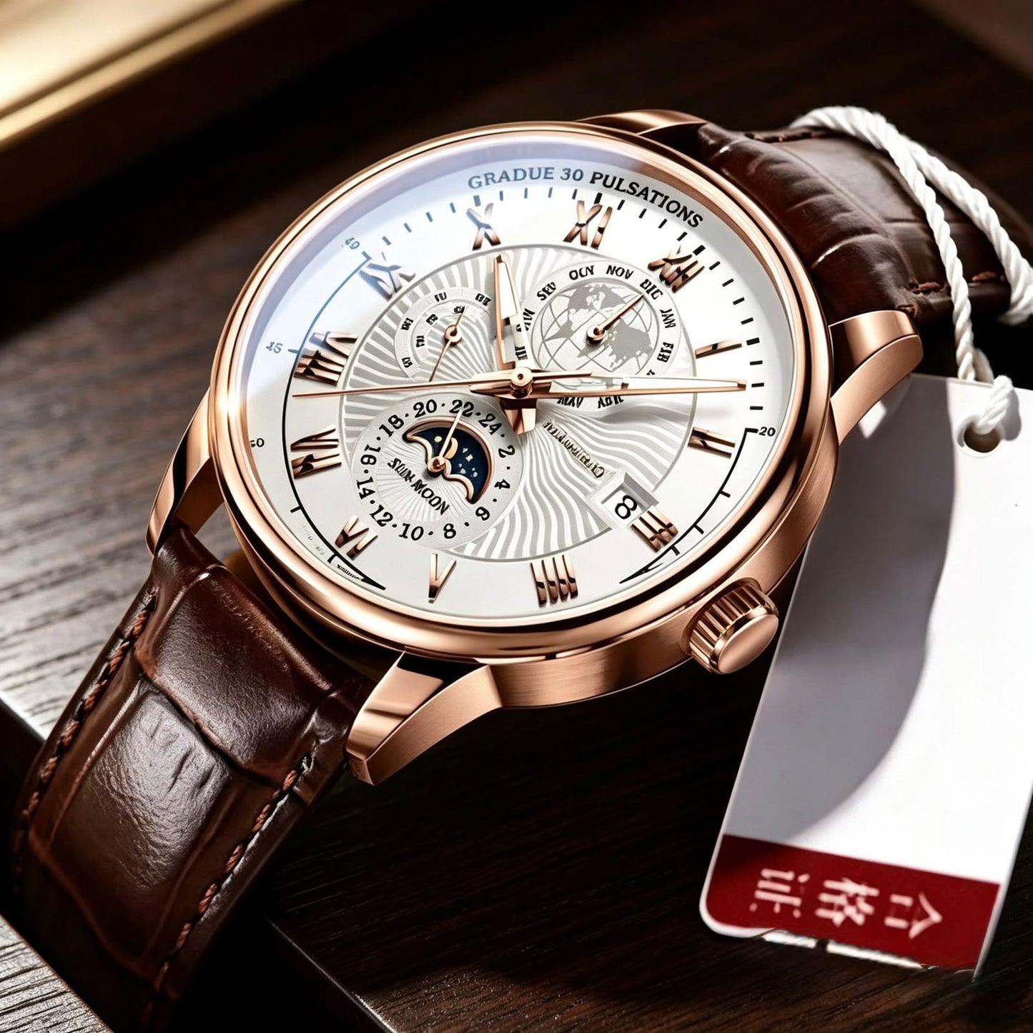 Luxury Men's Rose Gold Leather Strap Watch – Classic Analog Wristwatch with Date Display