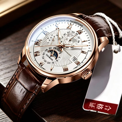 Luxury Men's Rose Gold Leather Strap Watch – Classic Analog Wristwatch with Date Display