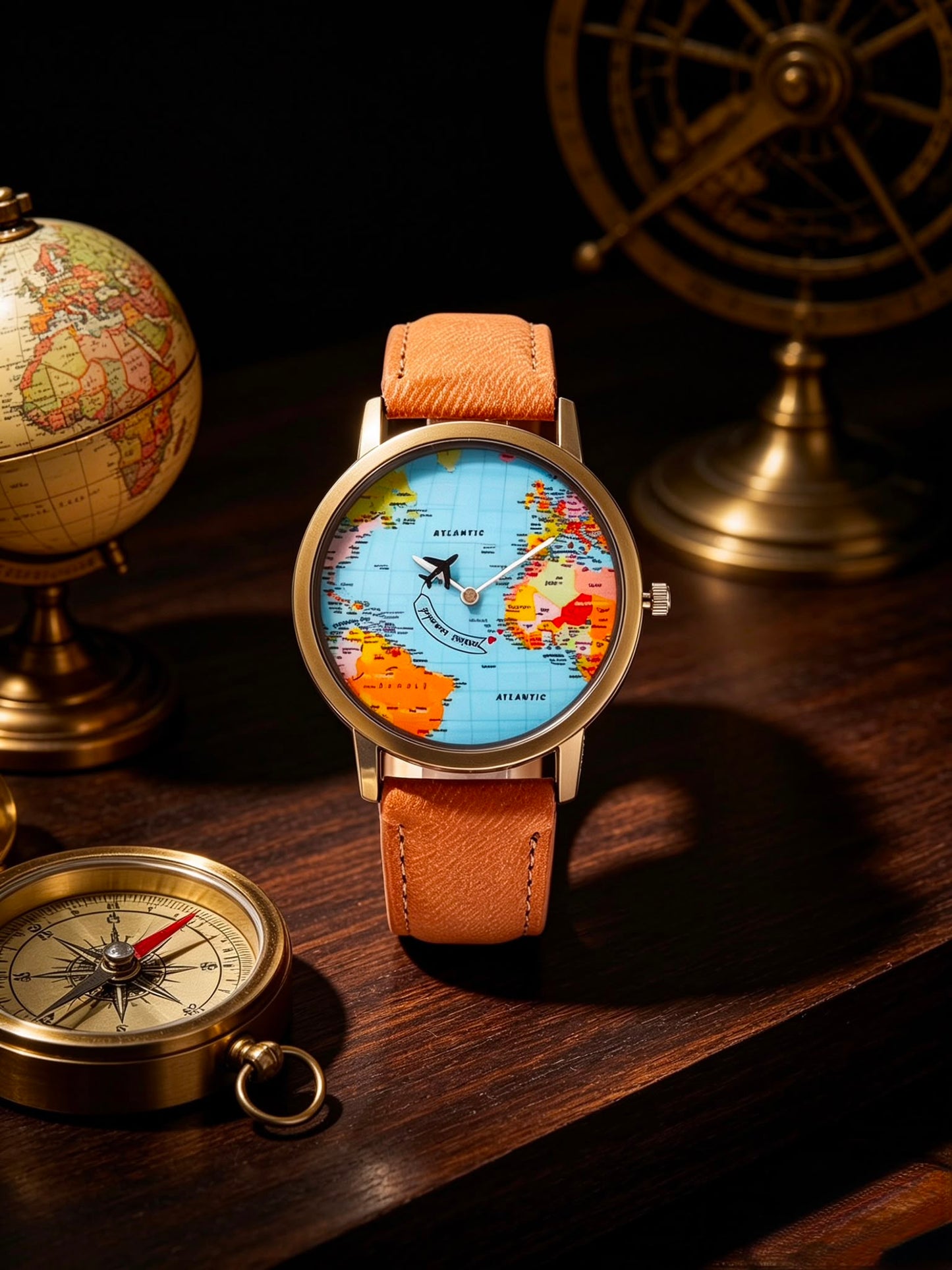World Map Travel Watch – Premium Leather Strap | Quartz Movement | Vintage Style