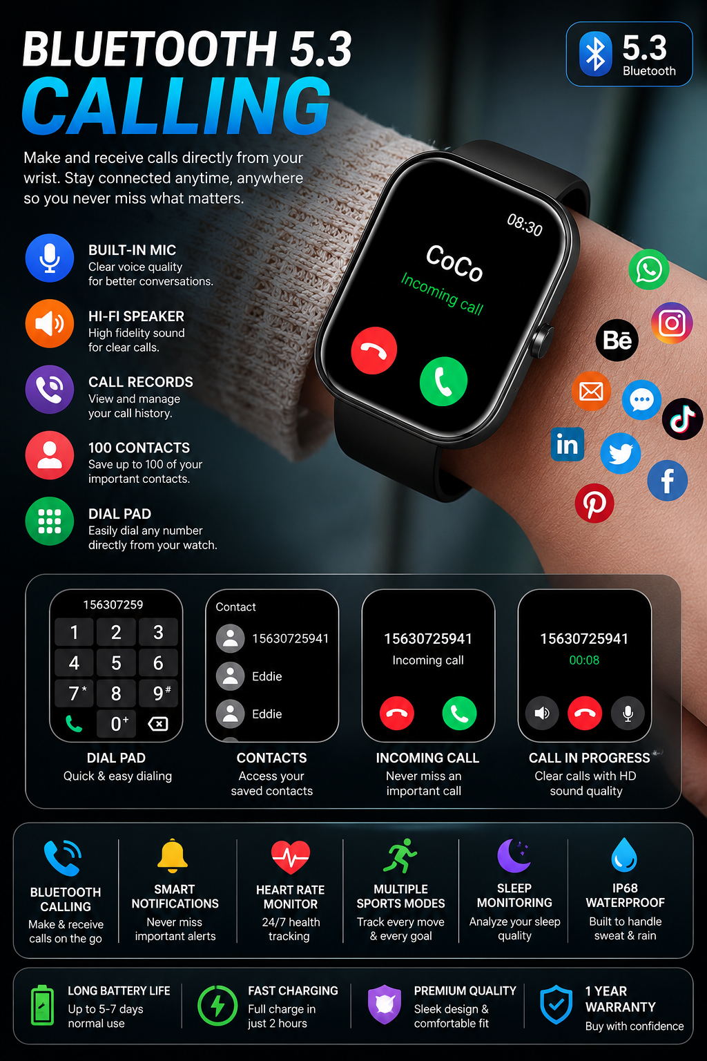 Smart Fitness Watch with Bluetooth Calling