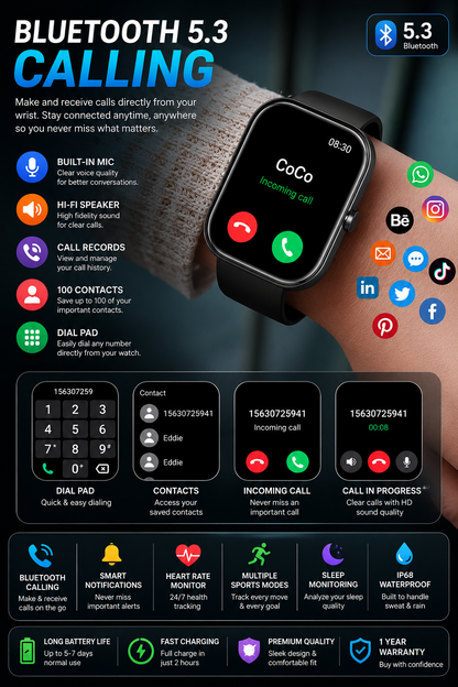 Smart Fitness Watch with Bluetooth Calling