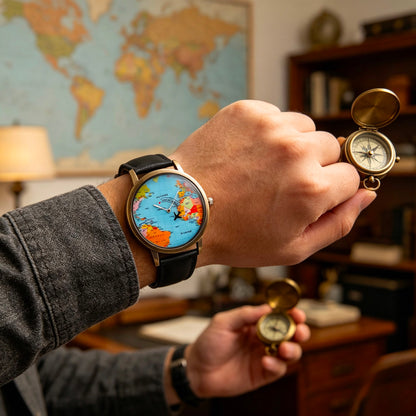 World Map Travel Watch – Premium Leather Strap | Quartz Movement | Vintage Style