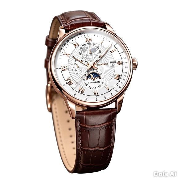 Luxury Men's Rose Gold Leather Strap Watch – Classic Analog Wristwatch with Date Display