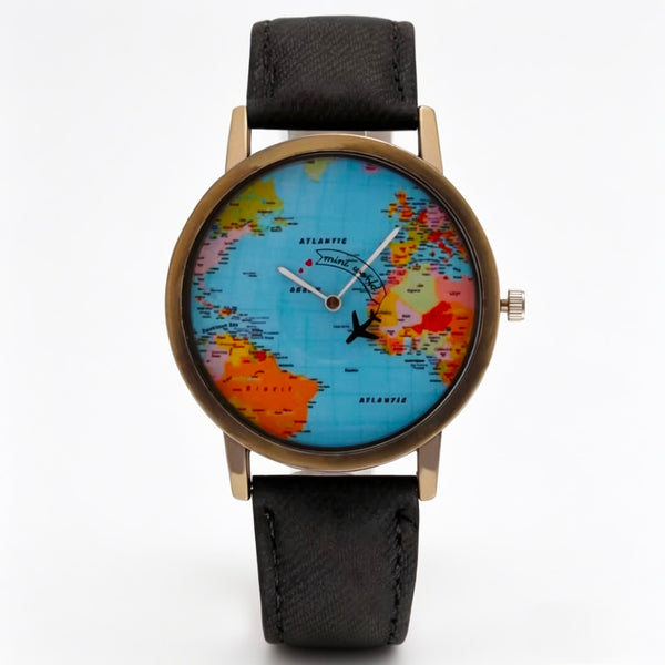 World Map Travel Watch – Premium Leather Strap | Quartz Movement | Vintage Style