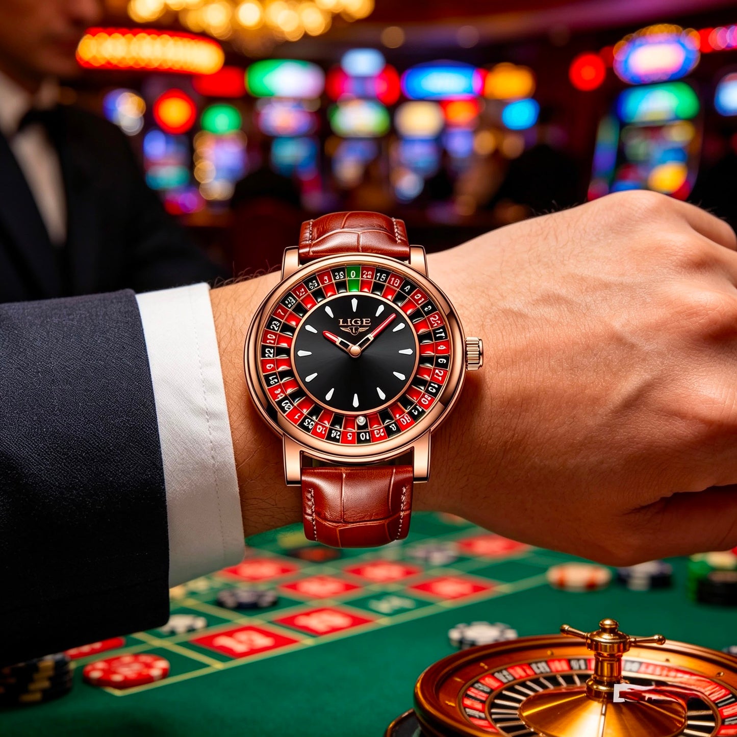Luxury Roulette Dial Men's Watch – Genuine Leather Strap | Quartz Movement | Premium Rose Gold Finish
