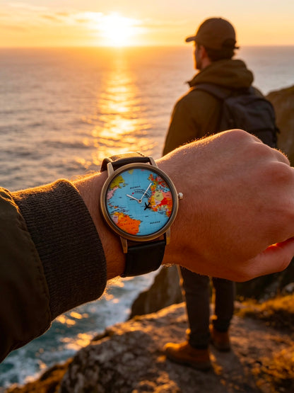 World Map Travel Watch – Premium Leather Strap | Quartz Movement | Vintage Style