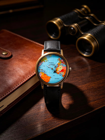 World Map Travel Watch – Premium Leather Strap | Quartz Movement | Vintage Style