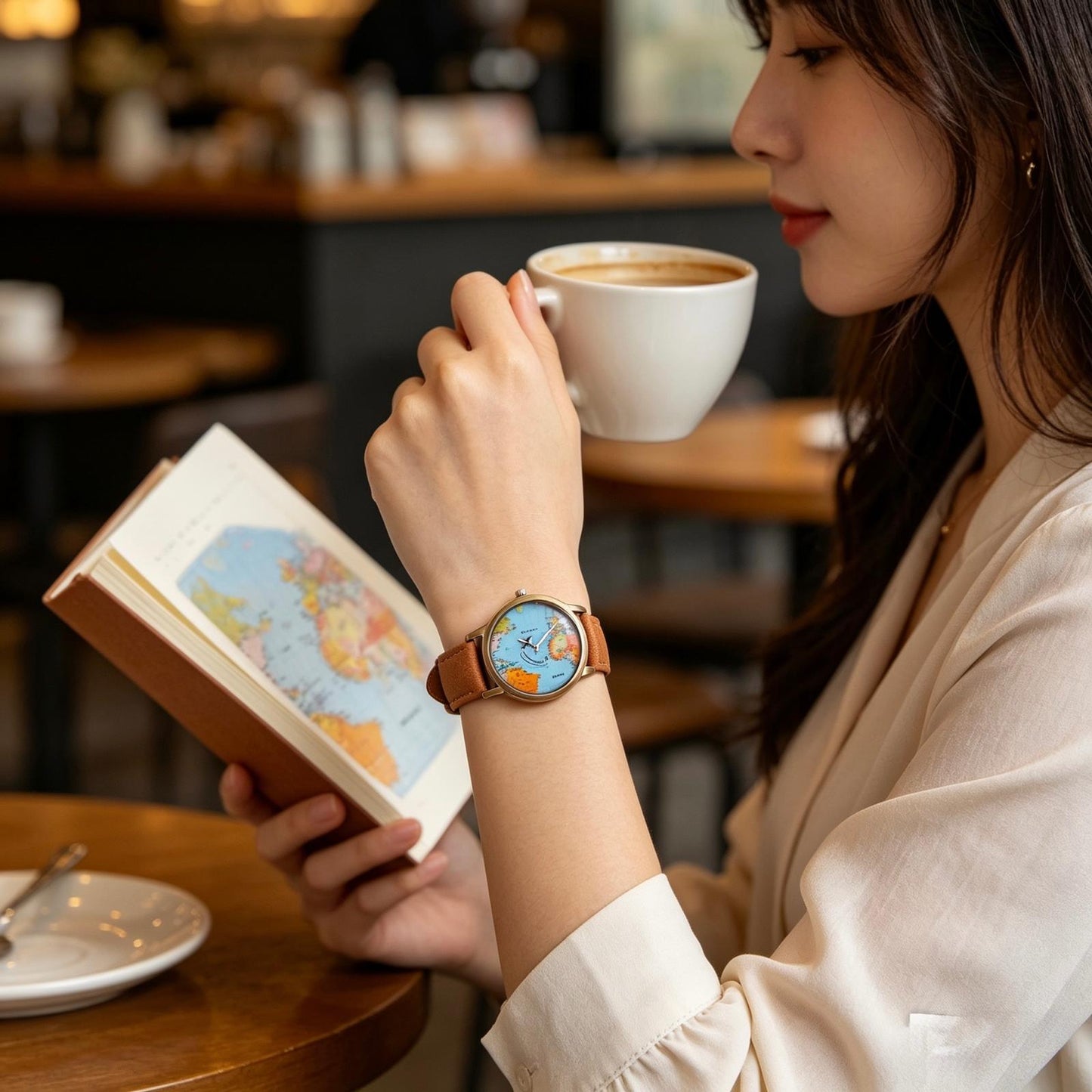 World Map Travel Watch – Premium Leather Strap | Quartz Movement | Vintage Style