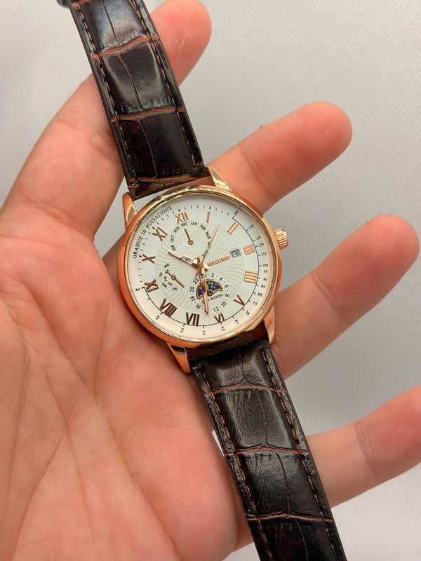 Moonphase Watch | Rose Gold Case | Brown Leather Strap | Luxury Men's Dress Watch