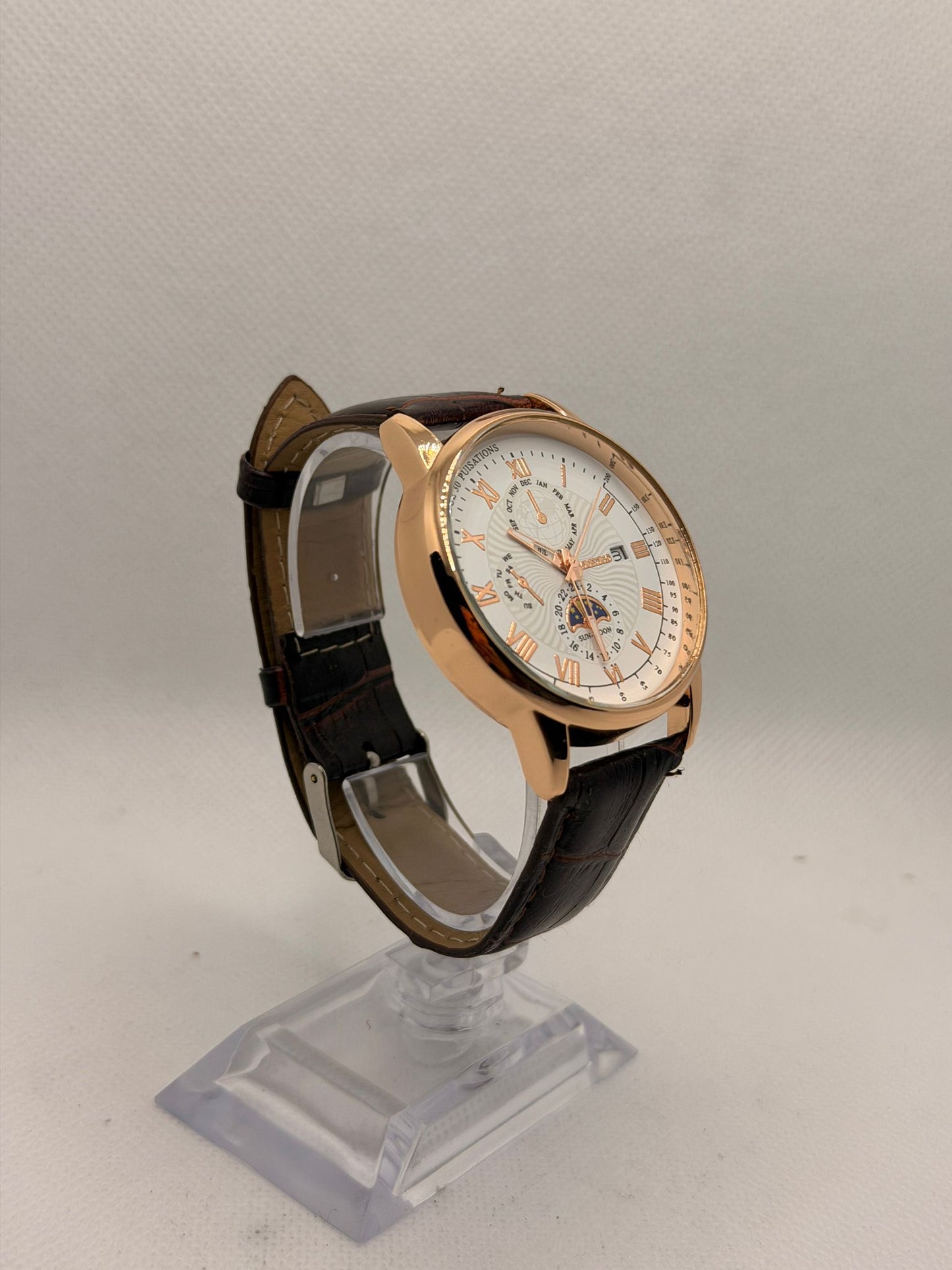 Moonphase Watch | Rose Gold Case | Brown Leather Strap | Luxury Men's Dress Watch