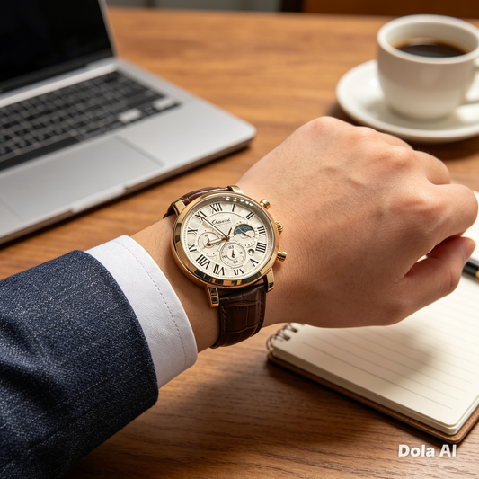 Elegant Men’s Luxury Moonphase Leather Watch – Rose Gold | Classic Business Dress Watch