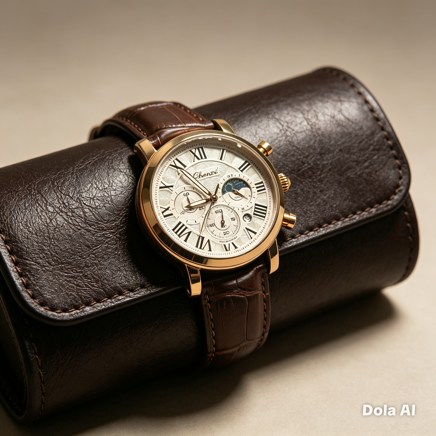 Elegant Men’s Luxury Moonphase Leather Watch – Rose Gold | Classic Business Dress Watch