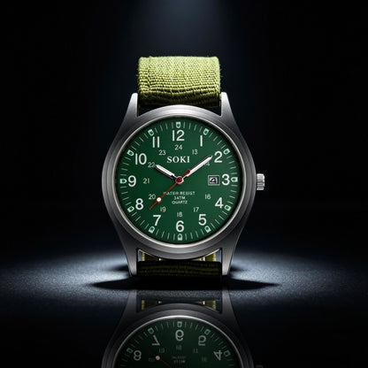 SOKI Military Field Watch – Green Canvas Strap | Quartz Movement | Water Resistant