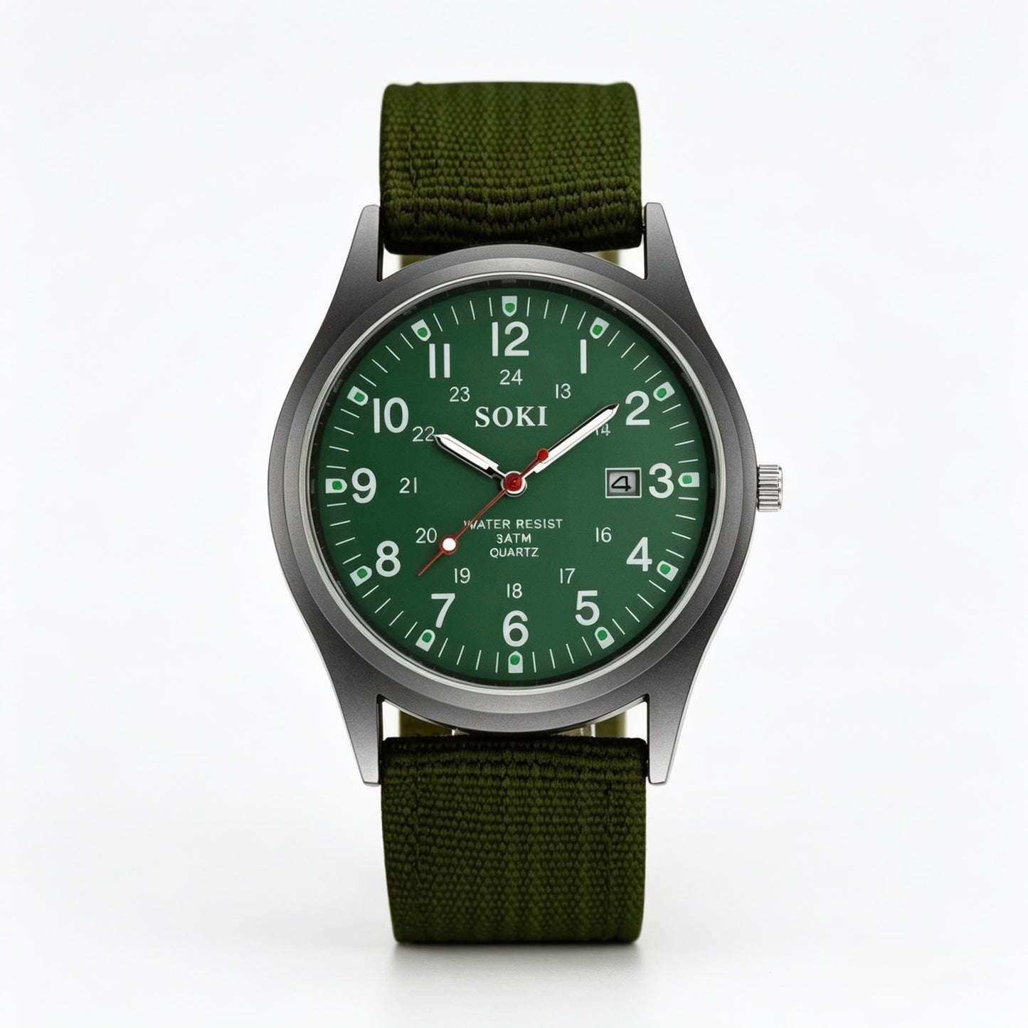 Geneva Military Style Quartz Watch – Green Dial & Canvas Strap | Men's Casual Analog Watch
