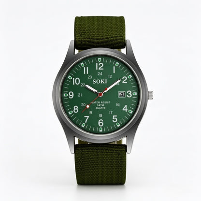 Geneva Military Style Quartz Watch – Green Dial & Canvas Strap | Men's Casual Analog Watch