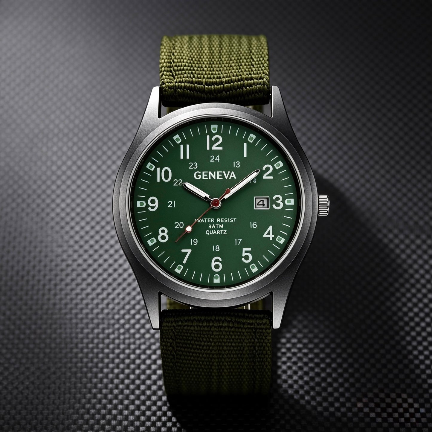 Geneva Military Style Quartz Watch – Green Dial & Canvas Strap | Men's Casual Analog Watch