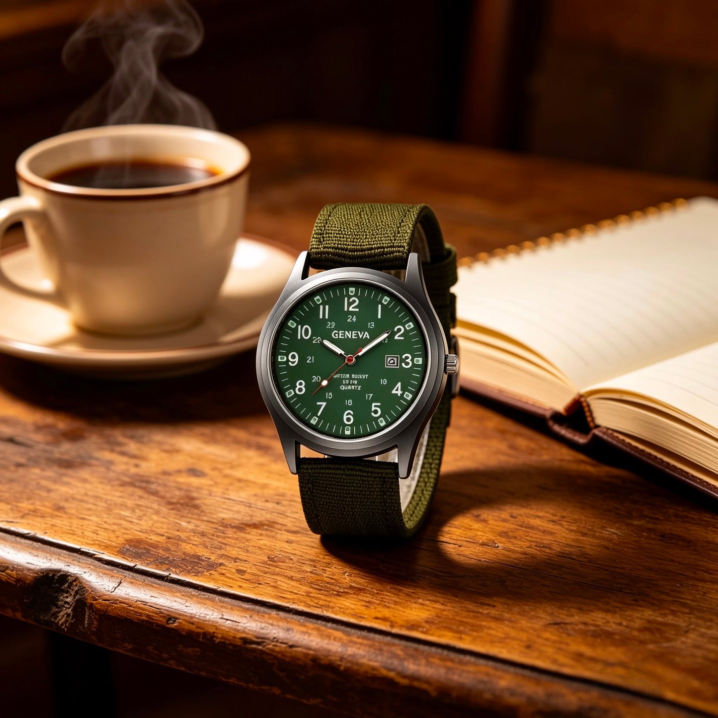 Geneva Military Style Quartz Watch – Green Dial & Canvas Strap | Men's Casual Analog Watch