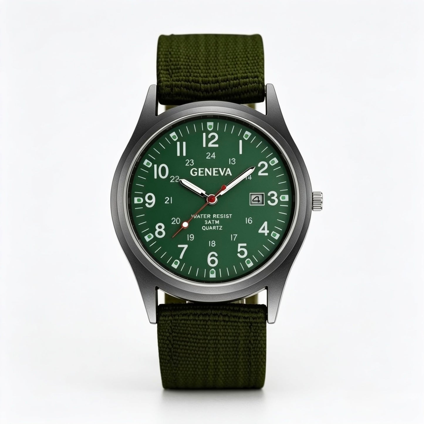 Geneva Military Style Quartz Watch – Green Dial & Canvas Strap | Men's Casual Analog Watch