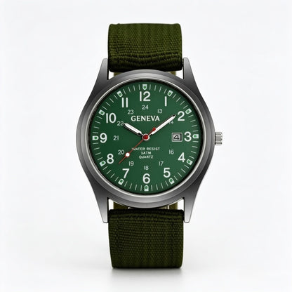 Geneva Military Style Quartz Watch – Green Dial & Canvas Strap | Men's Casual Analog Watch