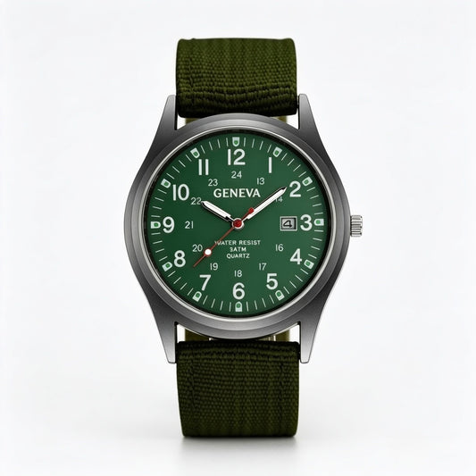 Geneva Military Style Quartz Watch – Green Dial & Canvas Strap | Men's Casual Analog Watch