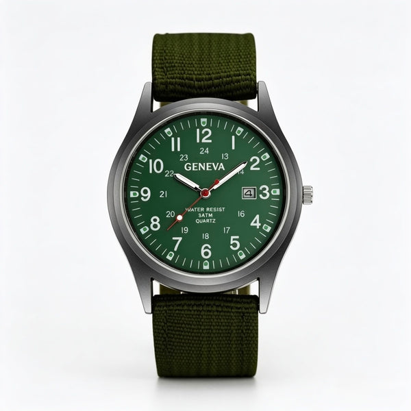 Geneva Military Style Quartz Watch – Green Dial & Canvas Strap | Men's Casual Analog Watch