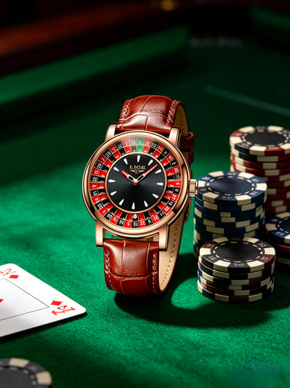 Luxury Roulette Dial Men's Watch – Genuine Leather Strap | Quartz Movement | Premium Rose Gold Finish