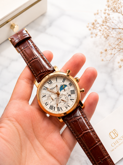 Chenxi Men's Luxury Quartz Watch – Brown Leather Strap | Gold Case | Moon Phase Design
