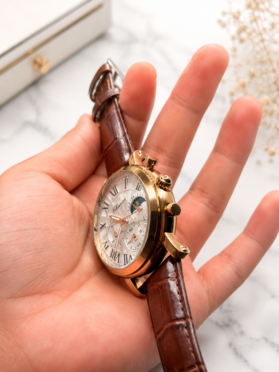 Chenxi Men's Luxury Quartz Watch – Brown Leather Strap | Gold Case | Moon Phase Design