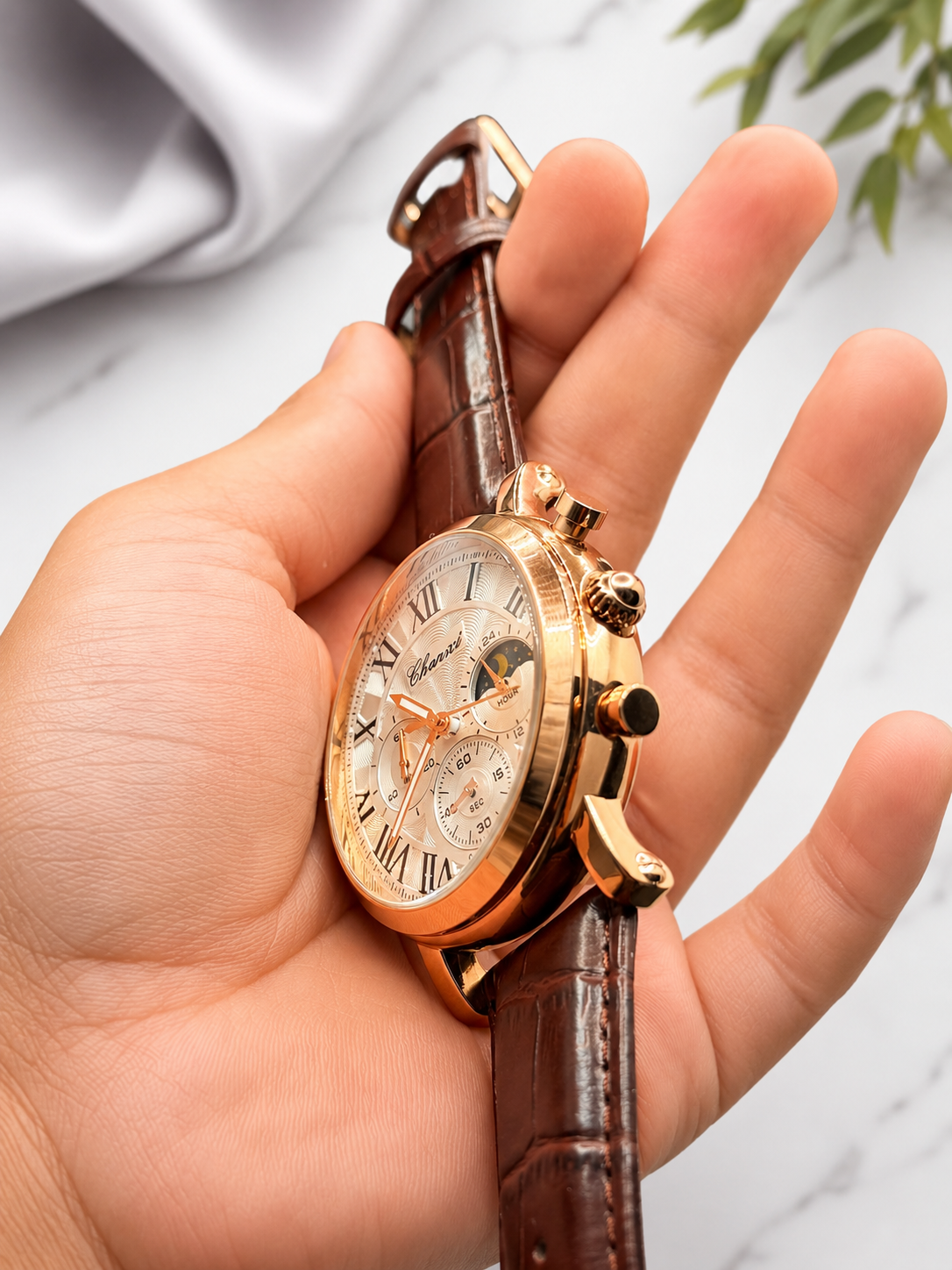 Chenxi Men's Luxury Quartz Watch – Brown Leather Strap | Gold Case | Moon Phase Design