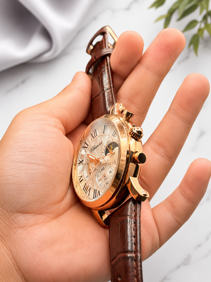 Chenxi Men's Luxury Quartz Watch – Brown Leather Strap | Gold Case | Moon Phase Design